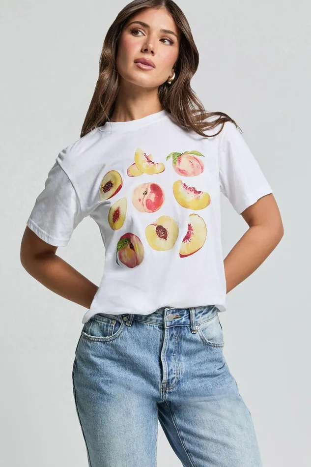 Ayah Shirt 8211 Peach Print Crew Neck Oversized T Shirt In White Women Showpo Tops