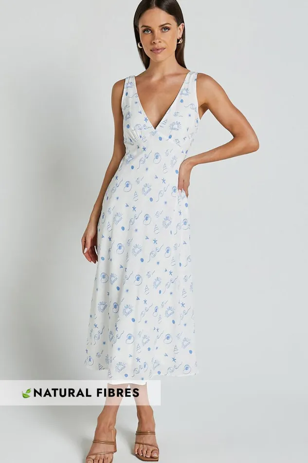 Becca Midi Dress 8211 Ruched Bust Sleeveless V Neck Dress In Blue Print Women Showpo Conscious Becca Midi Dress 8211 Ruched Bust Sleeveless V Neck Dress In Blue Print Women Showpo Conscious