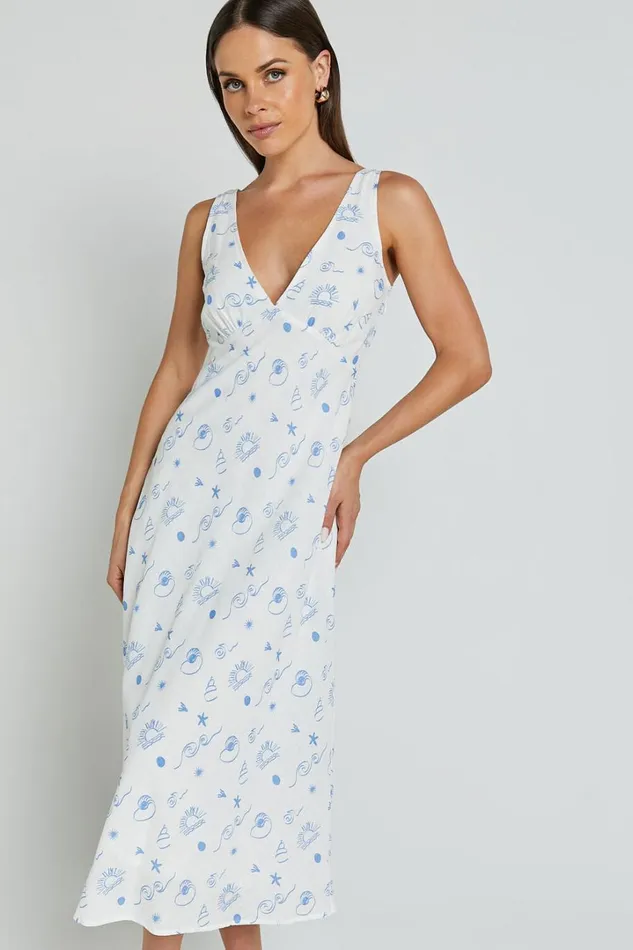 Becca Midi Dress 8211 Ruched Bust Sleeveless V Neck Dress In Blue Print Women Showpo Conscious