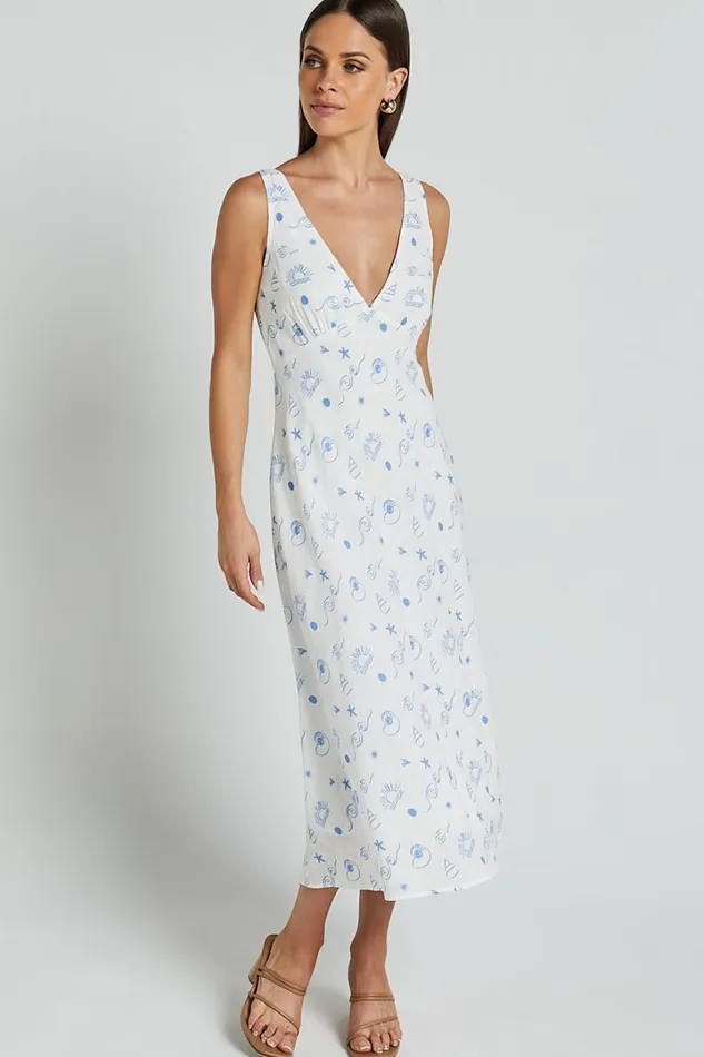Becca Midi Dress 8211 Ruched Bust Sleeveless V Neck Dress In Blue Print Women Showpo Conscious