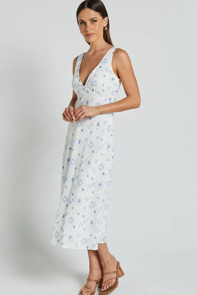 Becca Midi Dress 8211 Ruched Bust Sleeveless V Neck Dress In Blue Print Women Showpo Conscious