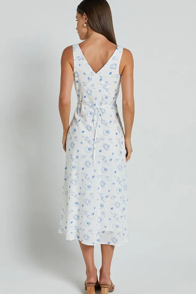 Becca Midi Dress 8211 Ruched Bust Sleeveless V Neck Dress In Blue Print Women Showpo Conscious