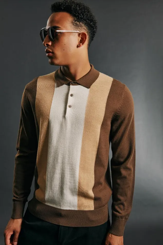 Ben Sherman Mod Knit Polos Men Block Stripe Merino Knit Polo 8211 Chocolate