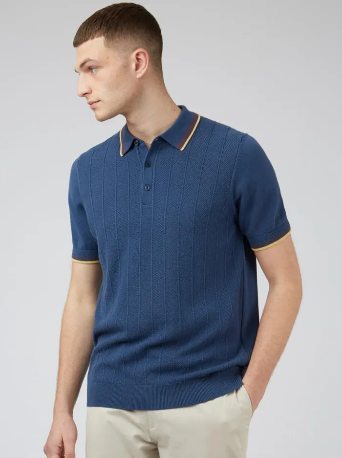 Ben Sherman Mod Knit Polos Men Textured Knit Fitted Polo 8211 Blue Denim