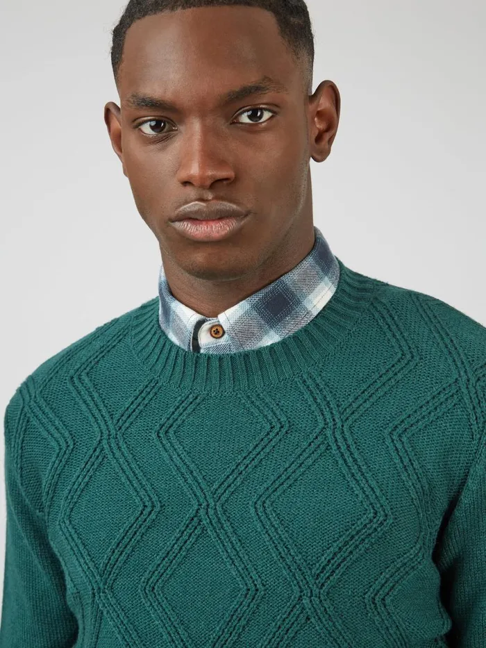 Ben Sherman Sweaters and Knits Men Chunky CableKnit Crewneck Sweater 8211 Ocean Green