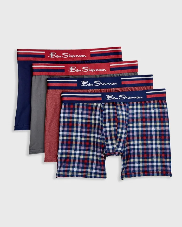 Ben Sherman Underwear Men 4Pack Microfiber Boxer Briefs 8211 PlaidRedGreyNavy