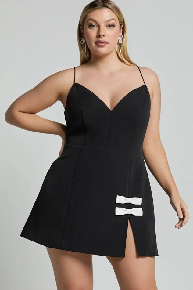 Bernice Mini Dress 8211 Plunge Neck Bow Split Dress In Black Women Showpo Curve Clothes