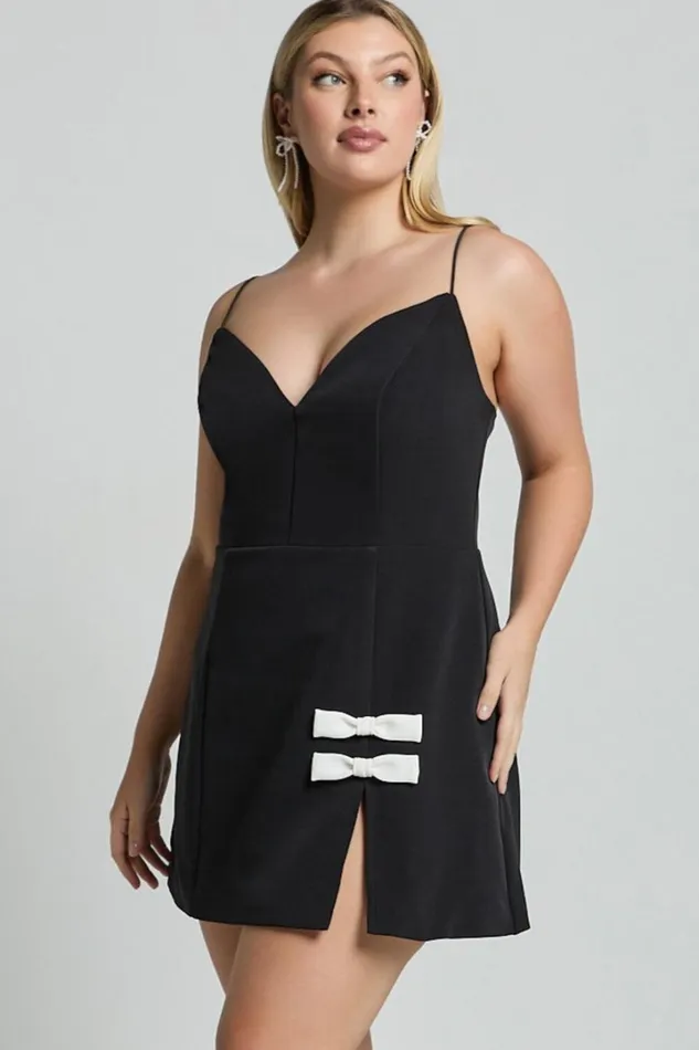 Bernice Mini Dress 8211 Plunge Neck Bow Split Dress In Black Women Showpo Curve Clothes