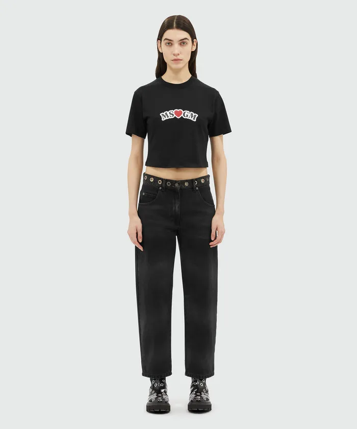 Black Crop Top TShirt With Print Women MSGM Tshirts