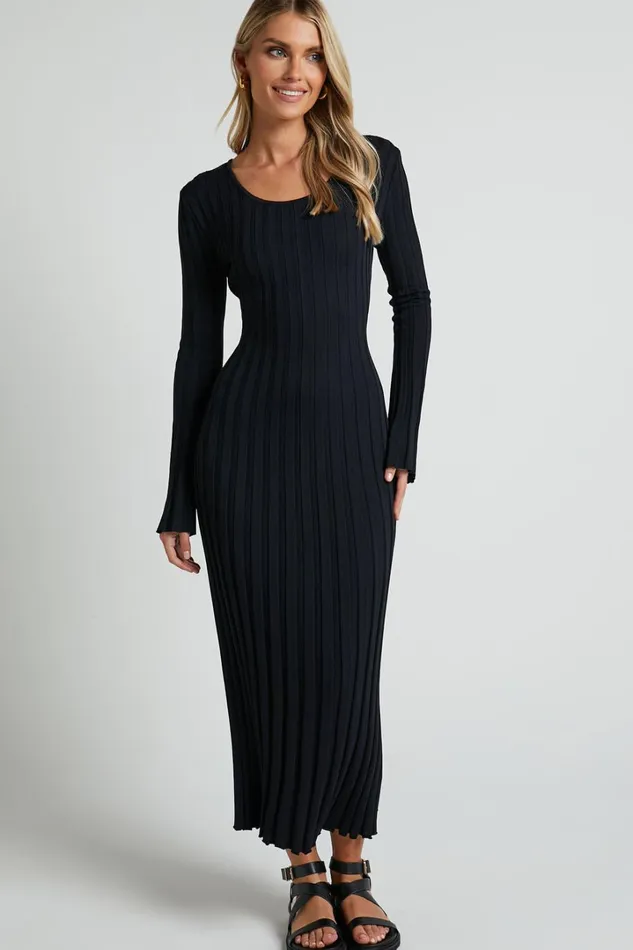 Blaire Midi Dress 8211 Long Sleeve Tie Back Flare Dress In Black Women Showpo Knitwear