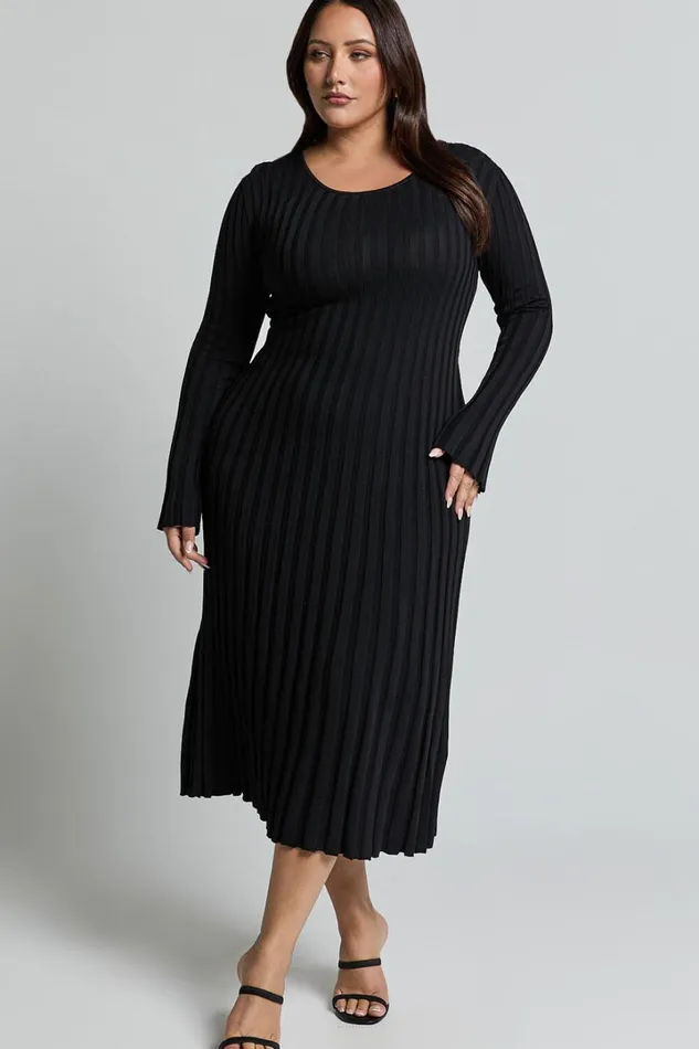 Blaire Midi Dress 8211 Long Sleeve Tie Back Flare Dress In Black Women Showpo Knitwear