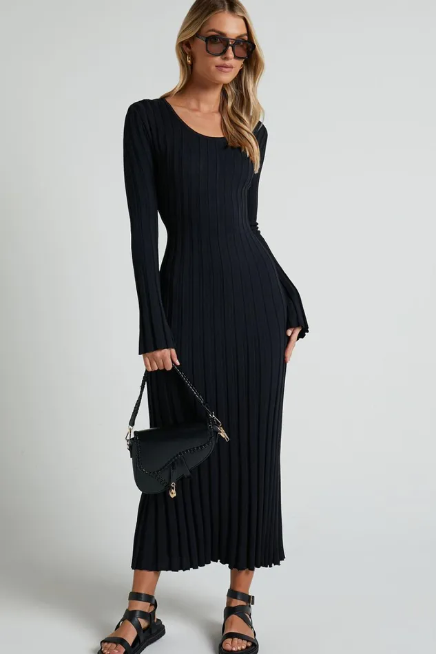 Blaire Midi Dress 8211 Long Sleeve Tie Back Flare Dress In Black Women Showpo Knitwear