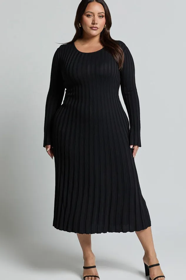 Blaire Midi Dress 8211 Long Sleeve Tie Back Flare Dress In Black Women Showpo Knitwear