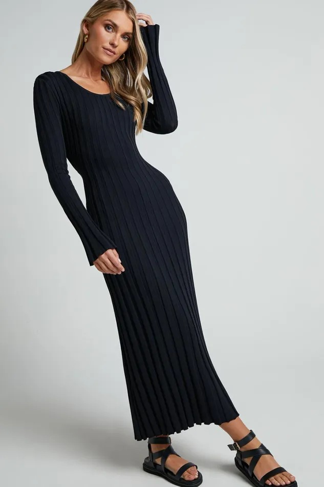 Blaire Midi Dress 8211 Long Sleeve Tie Back Flare Dress In Black Women Showpo Knitwear