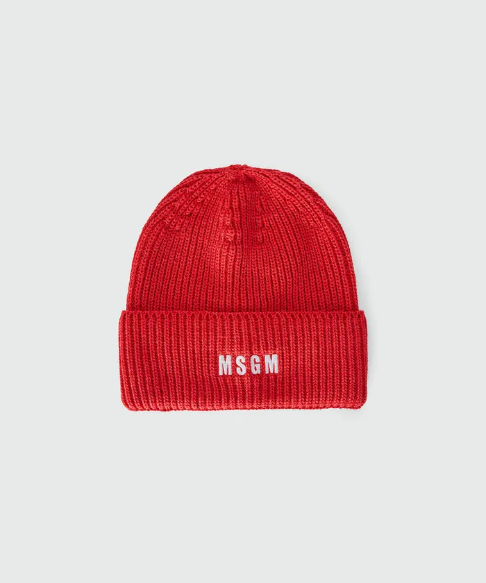 Blended Wool Beanie Hat With Embroidered Mini Logo Women MSGM Hats Scarves And Gloves