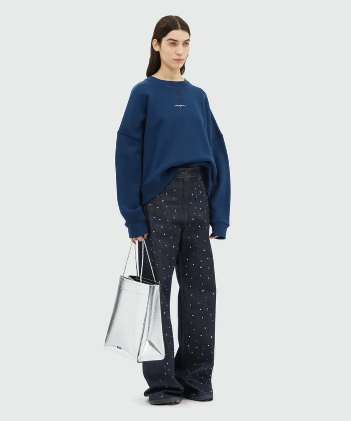 Blue Jersey Sweatshirt With Mirco Logo Print Women MSGM Hoodies And Sweatshirts