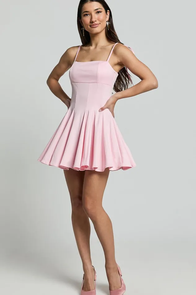 Bonnie Mini Dress 8211 Straight Neck Fit And Flare Dress In Pink Women Showpo Dresses