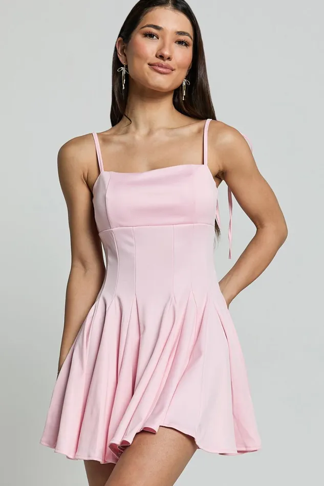Bonnie Mini Dress 8211 Straight Neck Fit And Flare Dress In Pink Women Showpo Dresses