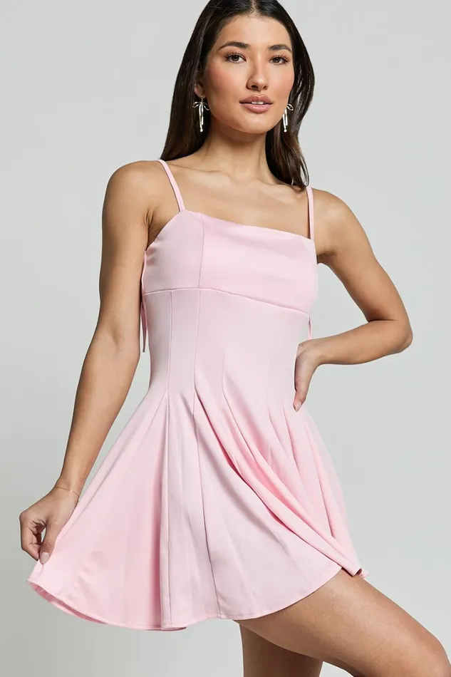 Bonnie Mini Dress 8211 Straight Neck Fit And Flare Dress In Pink Women Showpo Dresses