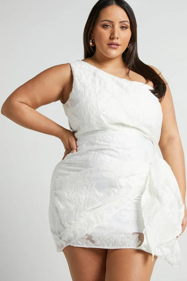 Brailey Mini Dress 8211 One Shoulder Wrap Front Dress In White Jacquard Women Showpo Curve Clothes