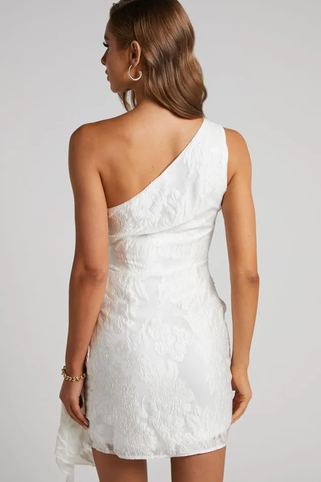 Brailey Mini Dress 8211 One Shoulder Wrap Front Dress In White Jacquard Women Showpo Curve Clothes