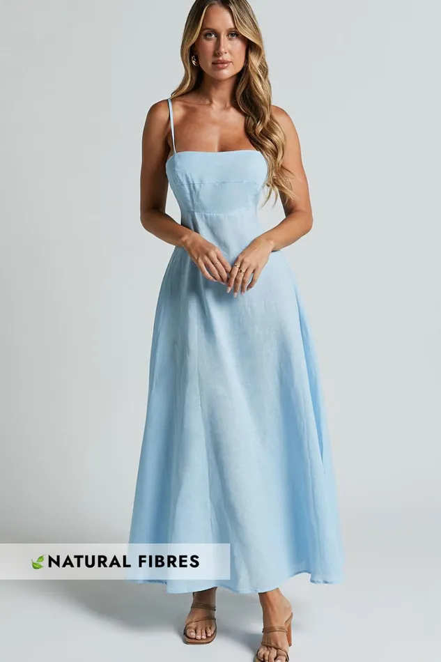 Brette Midi Dress 8211 Linen Look Straight Neck Strappy Fit And Flare Dress In Blue Women Showpo Maternity Clothes Brette Midi Dress 8211 Linen Look Straight Neck Strappy Fit And Flare Dress In Blue Women Showpo Maternity Clothes