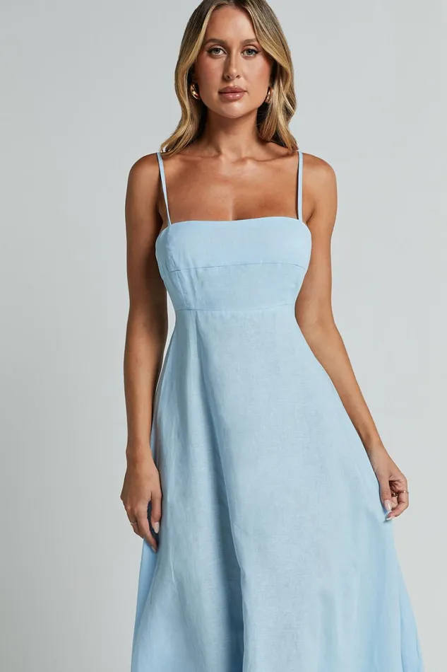 Brette Midi Dress 8211 Linen Look Straight Neck Strappy Fit And Flare Dress In Blue Women Showpo Maternity Clothes