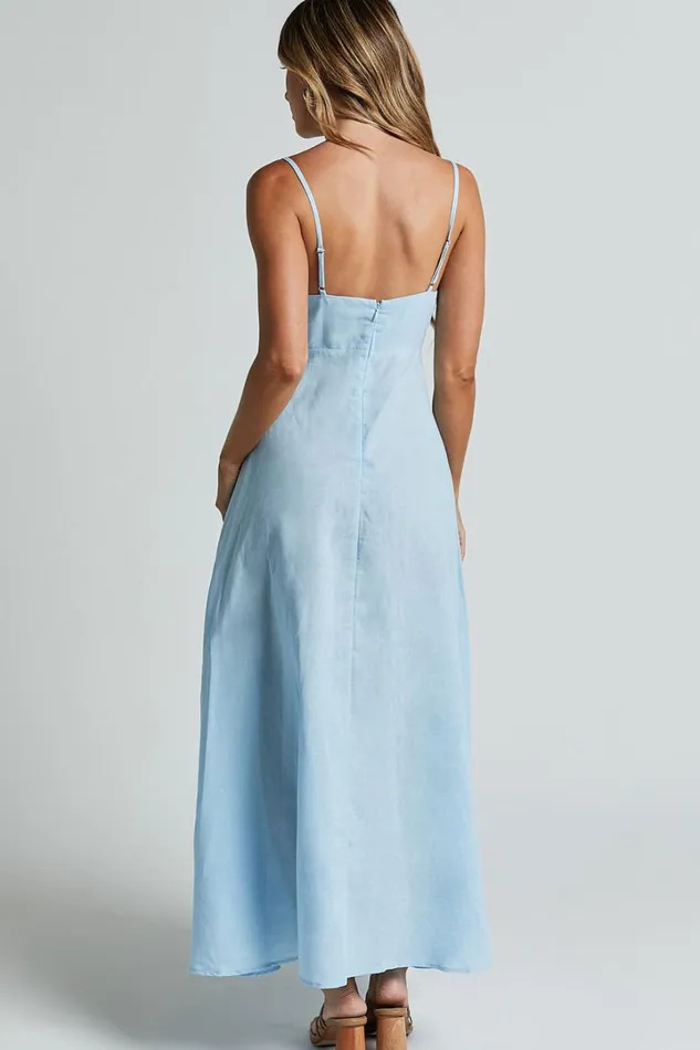 Brette Midi Dress 8211 Linen Look Straight Neck Strappy Fit And Flare Dress In Blue Women Showpo Maternity Clothes