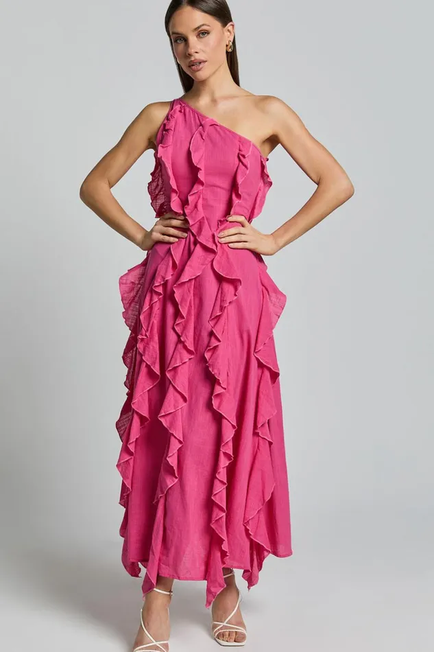 Britney Maxi Dress 8211 One Shoulder Ruffle Detail Dress In Pink Women Showpo Conscious