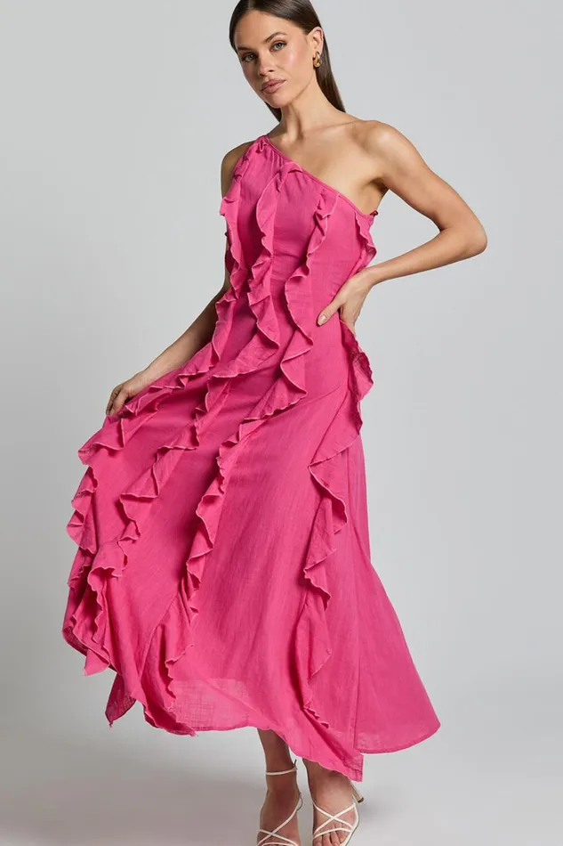 Britney Maxi Dress 8211 One Shoulder Ruffle Detail Dress In Pink Women Showpo Conscious