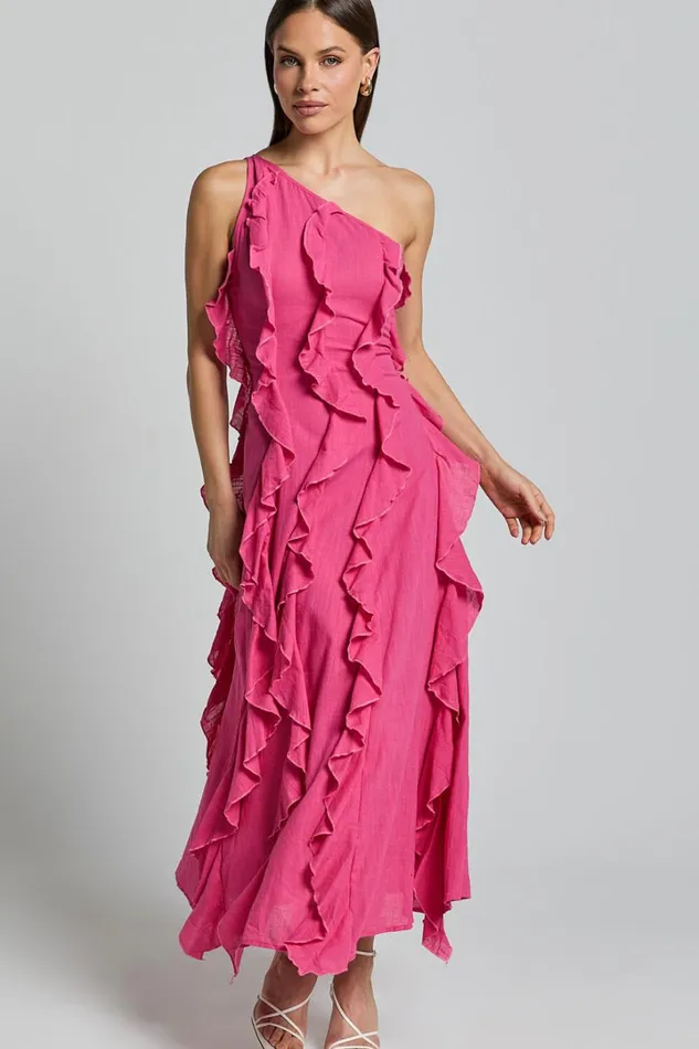 Britney Maxi Dress 8211 One Shoulder Ruffle Detail Dress In Pink Women Showpo Conscious