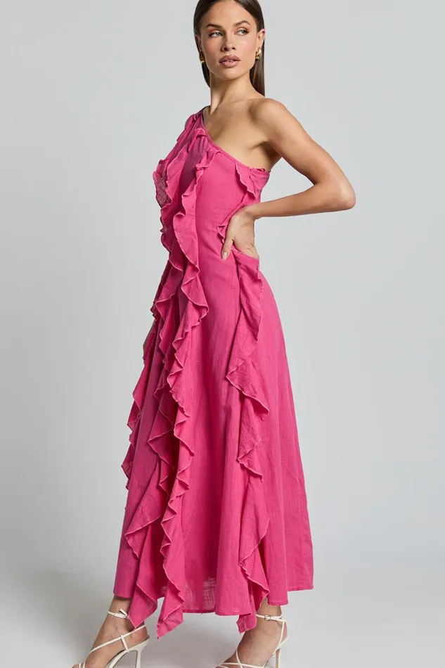 Britney Maxi Dress 8211 One Shoulder Ruffle Detail Dress In Pink Women Showpo Conscious