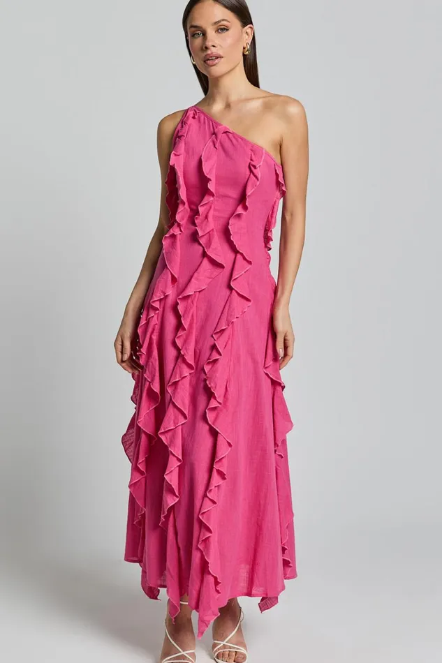 Britney Maxi Dress 8211 One Shoulder Ruffle Detail Dress In Pink Women Showpo Conscious