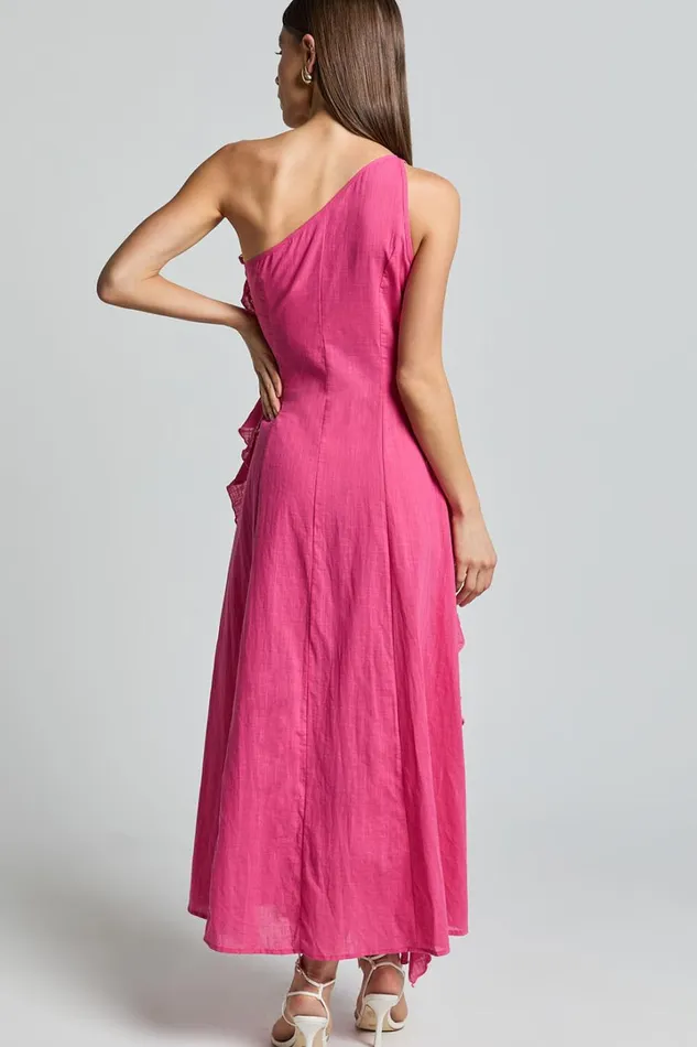 Britney Maxi Dress 8211 One Shoulder Ruffle Detail Dress In Pink Women Showpo Conscious