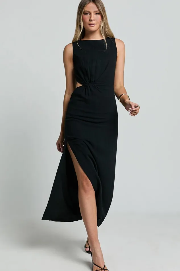 Brodie Midi Dress 8211 Side Cut Out Linen Blend Dress In Black Women Showpo Dresses