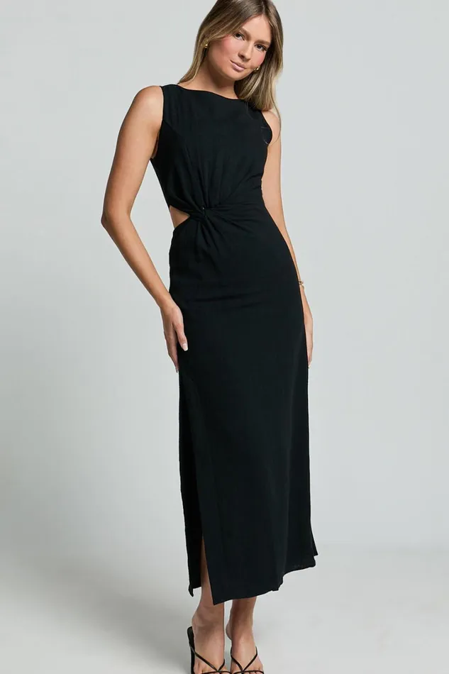 Brodie Midi Dress 8211 Side Cut Out Linen Blend Dress In Black Women Showpo Dresses