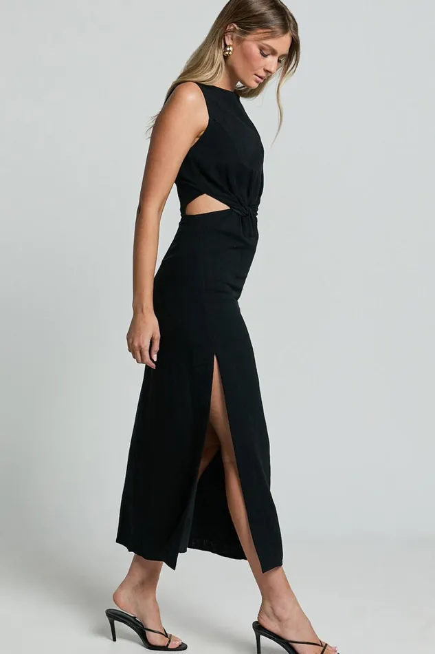 Brodie Midi Dress 8211 Side Cut Out Linen Blend Dress In Black Women Showpo Dresses