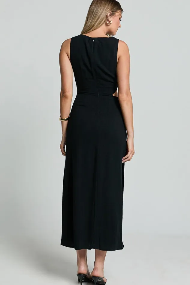 Brodie Midi Dress 8211 Side Cut Out Linen Blend Dress In Black Women Showpo Dresses
