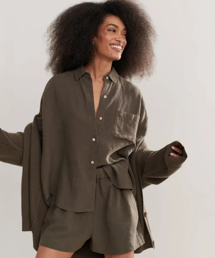 ButtonUps Women Jenni Kayne Linen Logan Shirt Dark Moss