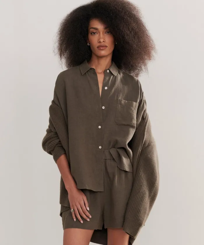 ButtonUps Women Jenni Kayne Linen Logan Shirt Dark Moss