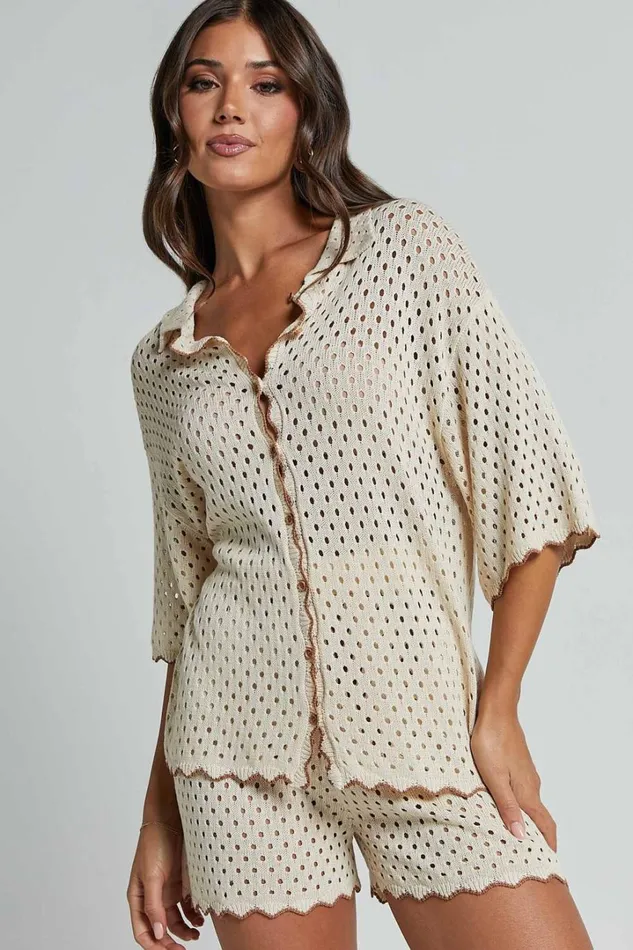 Caja Shirt 8211 Button Up Wavy Hem Knit Shirt In NutmegShell Women Showpo Knitwear