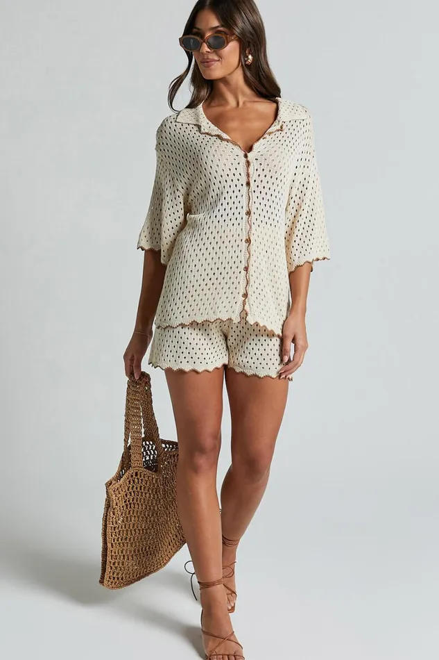 Caja Shirt 8211 Button Up Wavy Hem Knit Shirt In NutmegShell Women Showpo Knitwear