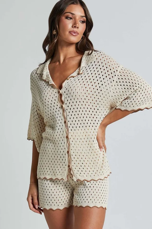 Caja Shirt 8211 Button Up Wavy Hem Knit Shirt In NutmegShell Women Showpo Knitwear