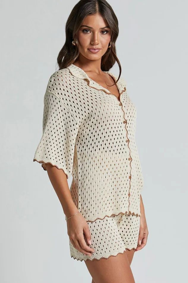 Caja Shirt 8211 Button Up Wavy Hem Knit Shirt In NutmegShell Women Showpo Knitwear