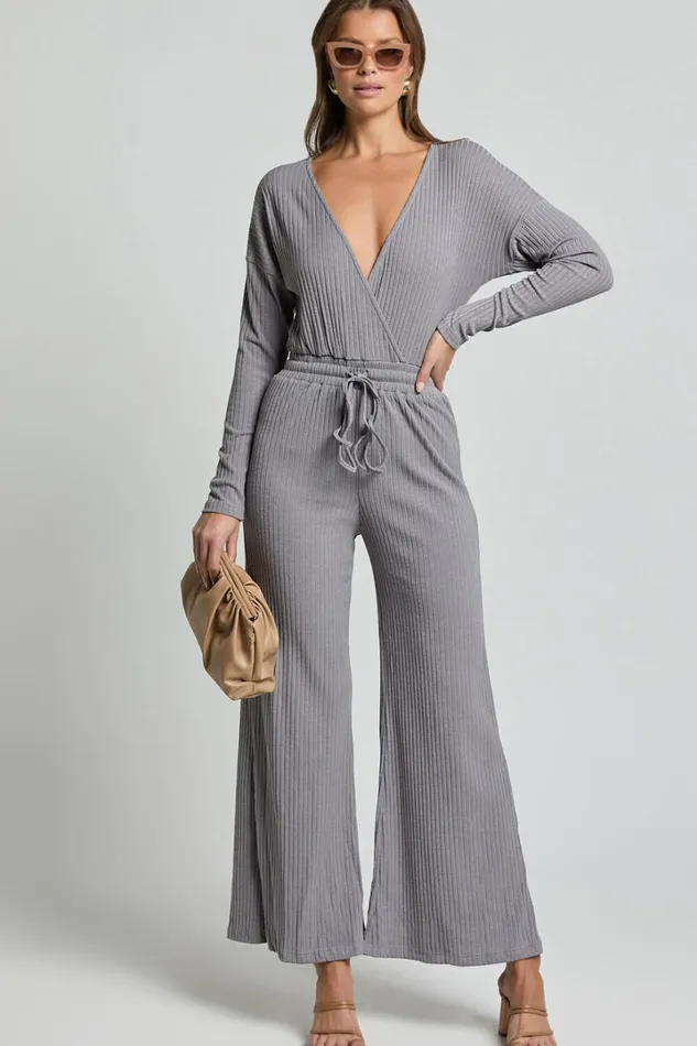 Camille Jumpsuit 8211 Ribbed Jersey Long Sleeve Wide Leg Jumpsuit In Slate Grey Women Showpo Jumpsuits Camille Jumpsuit 8211 Ribbed Jersey Long Sleeve Wide Leg Jumpsuit In Slate Grey Women Showpo Jumpsuits