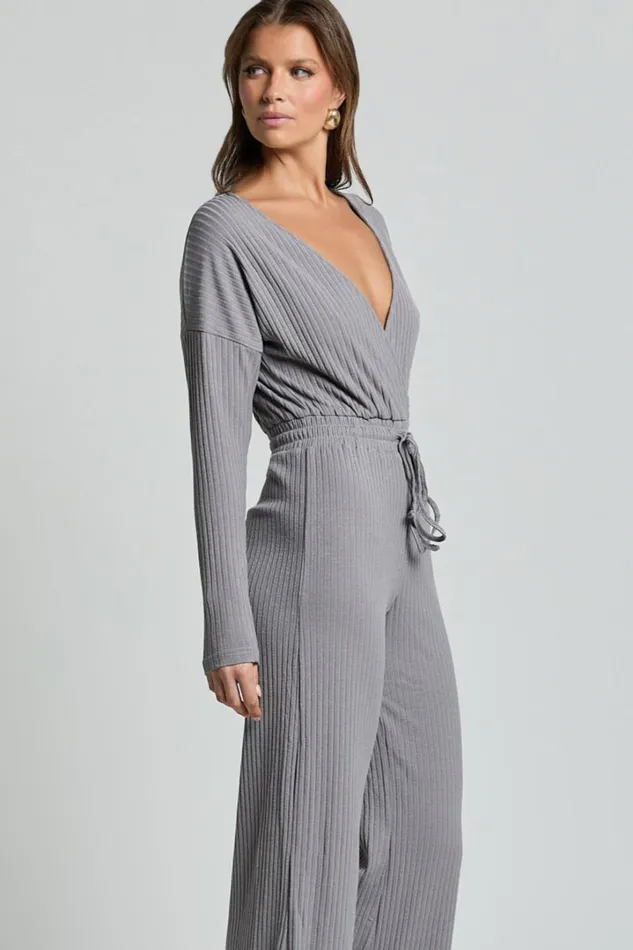 Camille Jumpsuit 8211 Ribbed Jersey Long Sleeve Wide Leg Jumpsuit In Slate Grey Women Showpo Jumpsuits