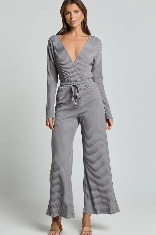 Camille Jumpsuit 8211 Ribbed Jersey Long Sleeve Wide Leg Jumpsuit In Slate Grey Women Showpo Jumpsuits