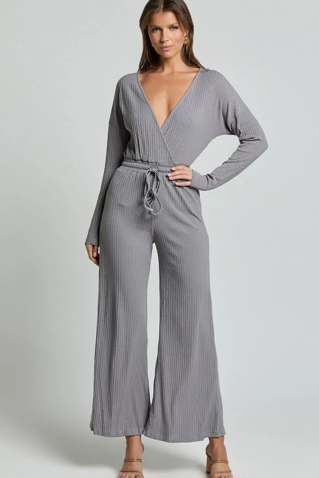 Camille Jumpsuit 8211 Ribbed Jersey Long Sleeve Wide Leg Jumpsuit In Slate Grey Women Showpo Jumpsuits