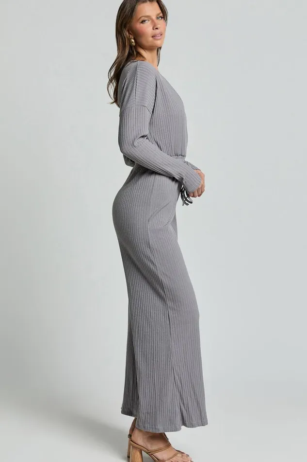 Camille Jumpsuit 8211 Ribbed Jersey Long Sleeve Wide Leg Jumpsuit In Slate Grey Women Showpo Jumpsuits