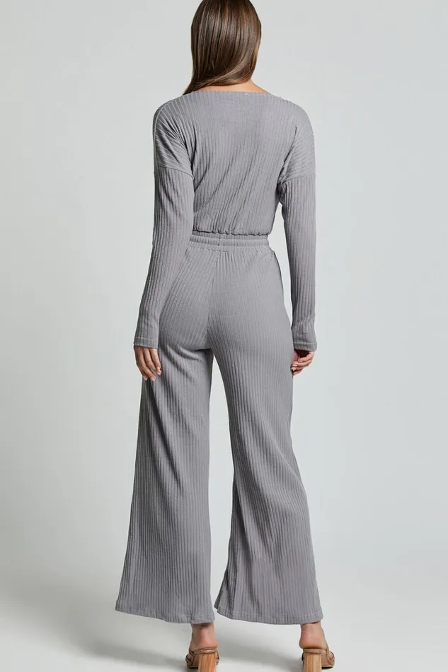 Camille Jumpsuit 8211 Ribbed Jersey Long Sleeve Wide Leg Jumpsuit In Slate Grey Women Showpo Jumpsuits